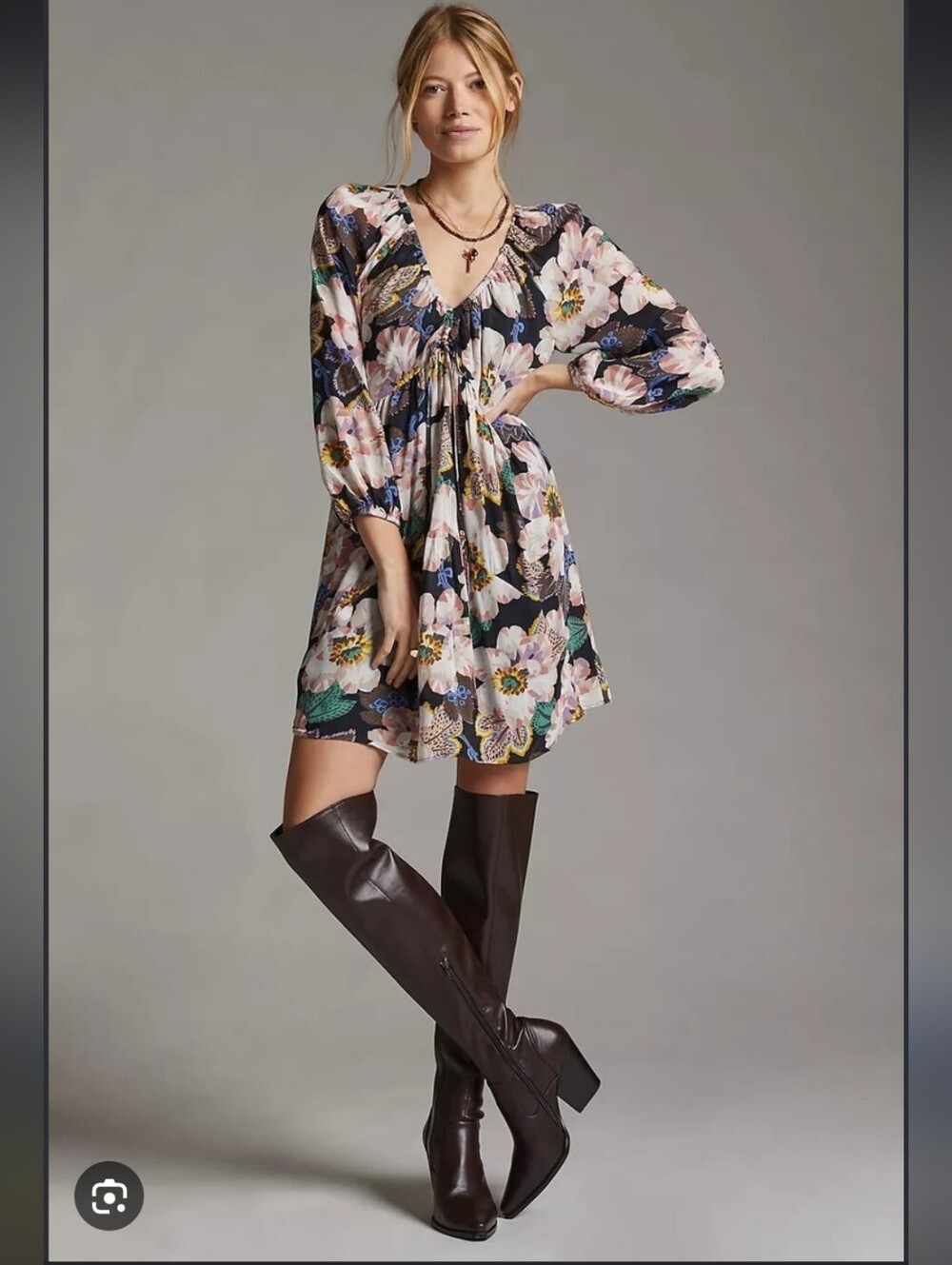 200-Anthropologie Black‎ Floral Tie-Neck Boho Top with Multicolor Print